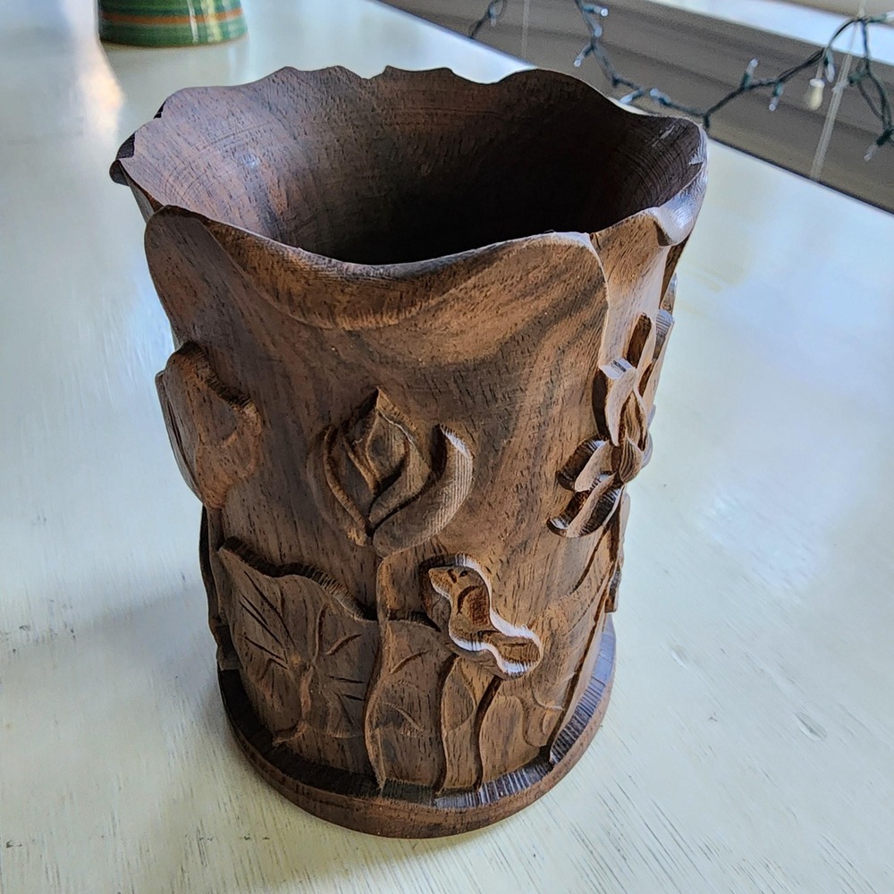 Vintage Hand-Carved Chinese Scholar Brush Pot Hardwood Floral Motif Original Tag